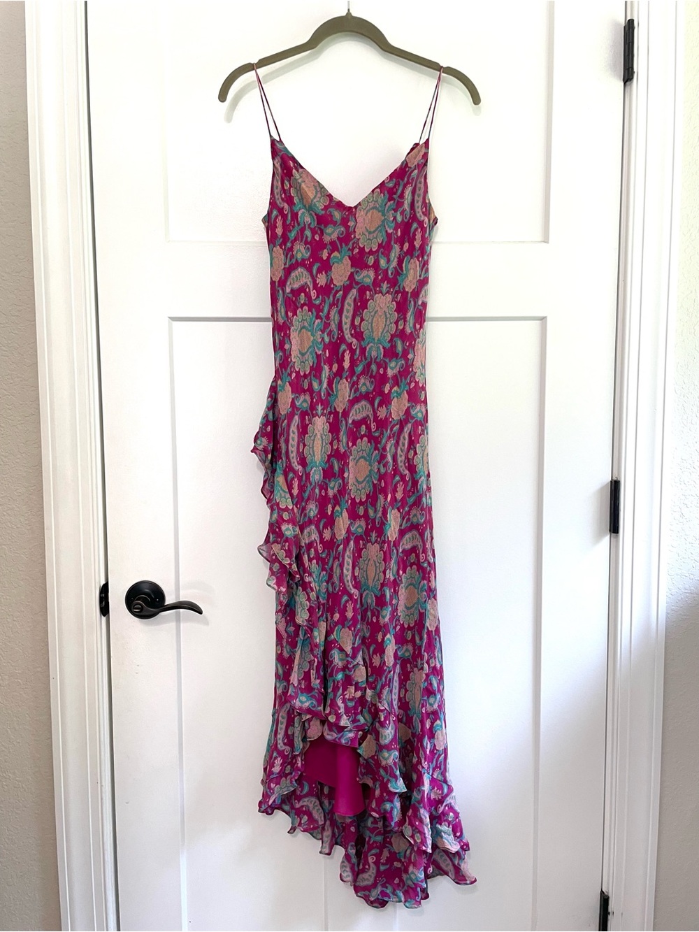 Y2K Ralph Lauren Paisley Silk Chiffon Ruffle Midi Dress Spaghetti Strap - Picture 8 of 12